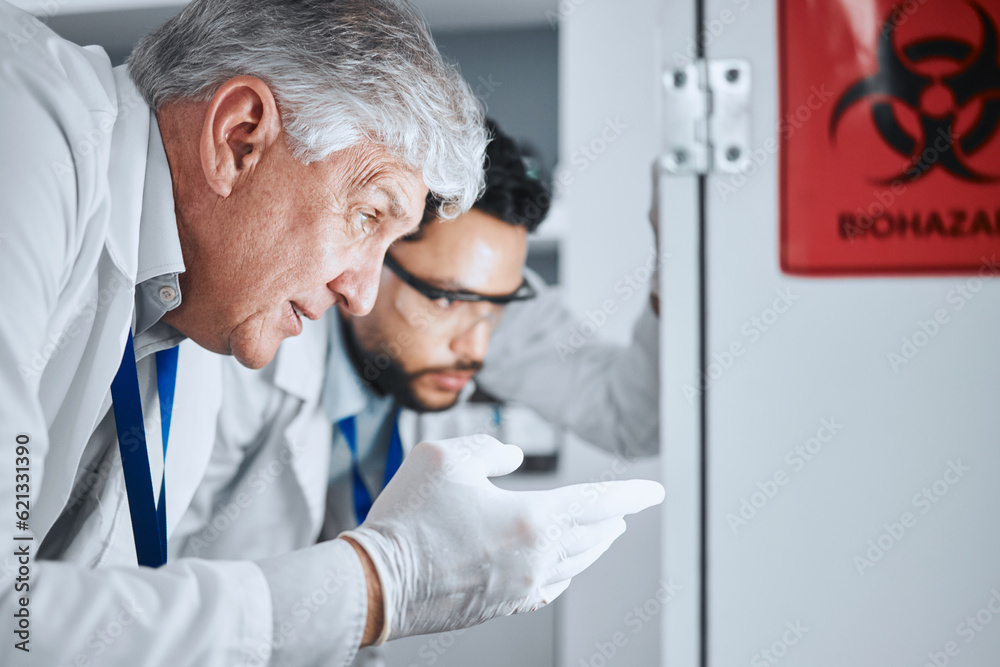 Poster Senior scientist, team and pointing in lab for analysis, experiment results and partnership for virus growth. Science men, teamwork and study for medical research with hazardous bacteria in hospital