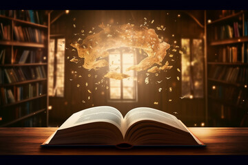 Words and magic stuff coming out of a book in a library. Education and learning concept