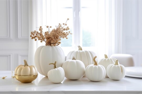 Modern interrior decoration with decorative pumpkins for autumn, thanksgiving, fall, halloween