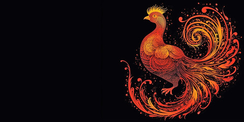 Fiery silhouette of the fabulous phoenix bird, on an isolated black background. Generative AI