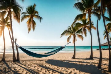 Obraz na płótnie Canvas A peaceful beach with palm trees and a hammock.