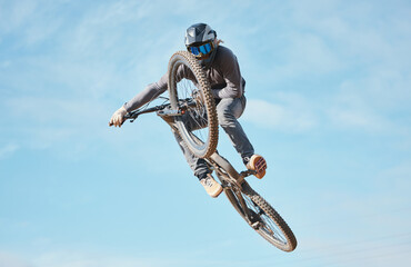 Extreme sports, bike jump and cyclist cycling a bicycle for competition stunt routine or training...
