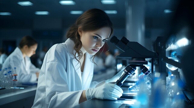 
Female scientist working with microscope in laboratory. Medical research and development concept. Generative AI.
