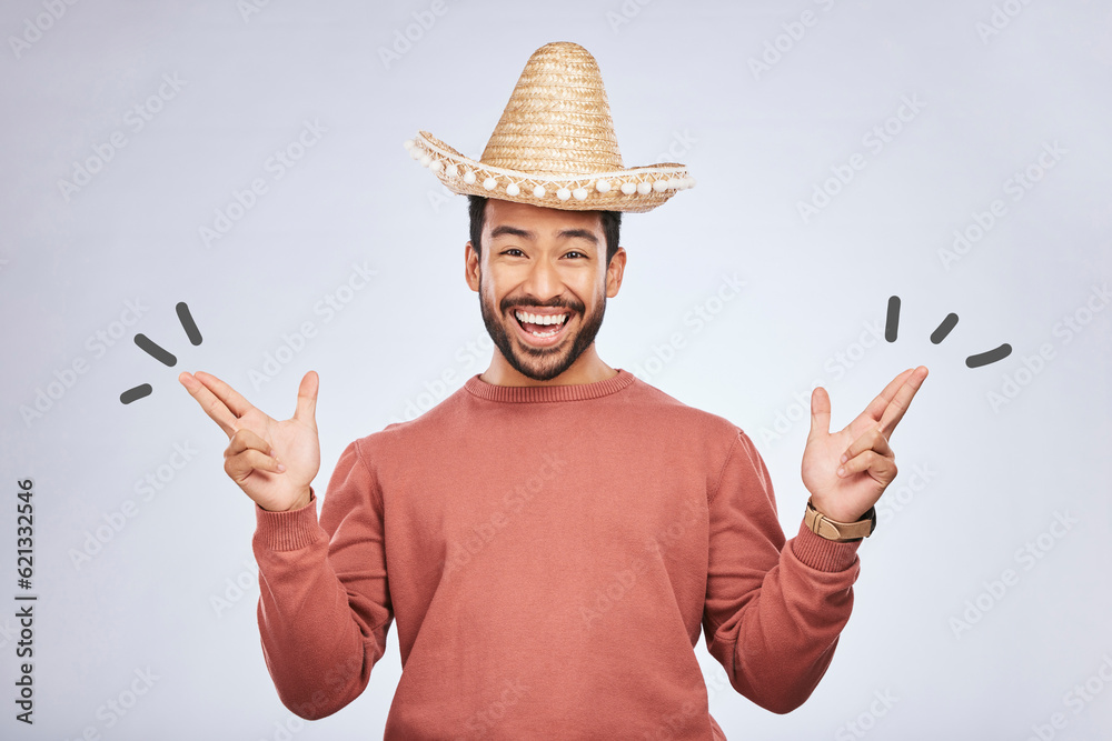 Sticker finger gun, hat and portrait of man in studio with hand gesture for comic, humor and funny joke. hap