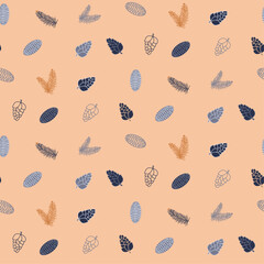 Seamless pattern with twigs with leaves, fir branches, cones on a light orange background, vector children's digital illustration.