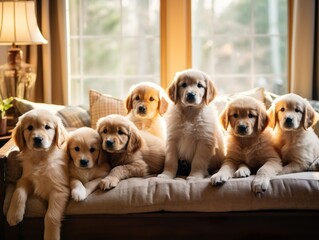 The image showcases a litter of adorable puppy siblings gathered together in a cozy, sunlit room. The puppies are various breeds, each exhibiting their own unique characteristics.