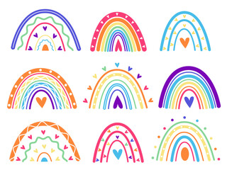 Boho color rainbows set. Collection of lgbt flag color rainbows. Vector illustration isolated on white background. Rainbow Clipart. LGBTQ Pride month icons. Rainbow colors with hearts, flat style