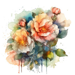 Watercolor Camellias T-shirt Design showcasing a composition of camellias in full bloom, their vibrant colors and layered petals creating a visually striking design, Generative Ai