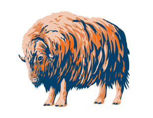 WPA poster art of a muskox musk ox or musk-ox, a hoofed mammal of the family Bovidae native to the Arctic side view isolated done in works project administration or federal art project style.
