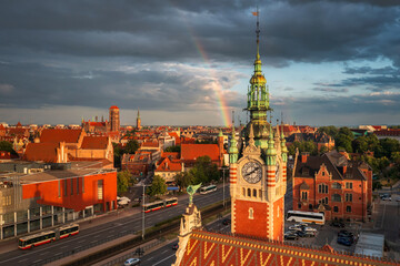 Main Railway Station in Gdansk with the rainbow, Poland.