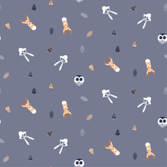 Seamless pattern with hares, owls, deer, fir cones on a dark gray background, vector children's digital illustration.