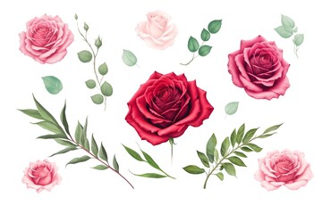 Red and pink halftone roses, hand drawn illustration elements colored set