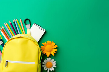 Back to school concept with bag, pencils, pens, and some paper on a green background. Education and learning concept