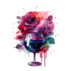 Obraz na płótnie Canvas Watercolor Rose Wine T-shirt Design showcasing a romantic scene of a vineyard at sunset, with rose wine bottles displayed against a backdrop of rolling hills and a sky painted in warm hues, Generative