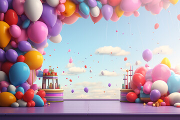 3d Illustration of stage with a lot of colorful balloon