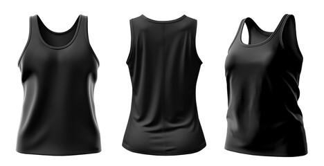 Set of black front, back and side view sleeveless tee t shirt tank singlet round neck on transparent background cutout, PNG file. Mockup template for artwork graphic design. 3D rendering
