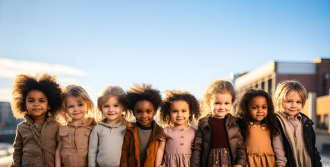 Diverse group of children of different races, cultures and ethnicities. Blue sky background, copy space.