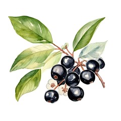 Black chokeberry watercolor. Branch Aronia berries, Black chokeberry, AI generated