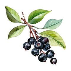 Black chokeberry watercolor. Branch Aronia berries, Black chokeberry, AI generated