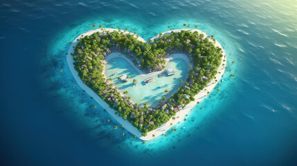 Velentine s day concept tropical heart shape desert island. Generative ai - obrazy, fototapety, plakaty