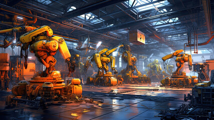 Illustration of industrial factory with robotic arms. Generative ai