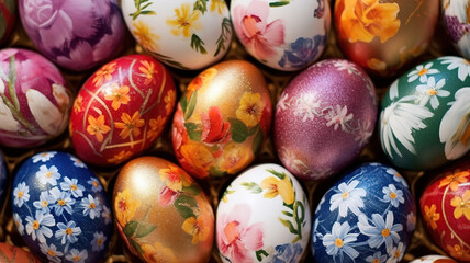 Fototapeta na wymiar Flower-Patterned Easter Eggs in Stunning CloseUp. Generative ai