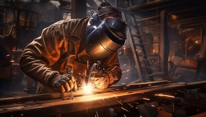 Skilled Steel Welder Creating Precision Jigs in a Dynamic Factory Setting, Generative AI