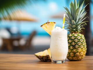 closeup photo of fresh cold alcoholic fruit pina colada cocktail drink glass with cream and pineapple with blurry tropical beach bar in the background. Generative AI