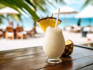 closeup photo of fresh cold alcoholic fruit pina colada cocktail drink glass with cream and pineapple with blurry tropical beach bar in the background. Generative AI © SayLi