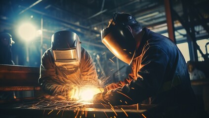 Industrial Sparks: Welders at Work on Steel Plate in Factory, Generative AI