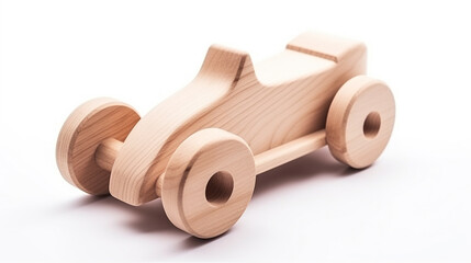 Generative AI, children's toy wooden car, environmental materials, toys for boys and girls, wheels, white background, early development, toy store advertising