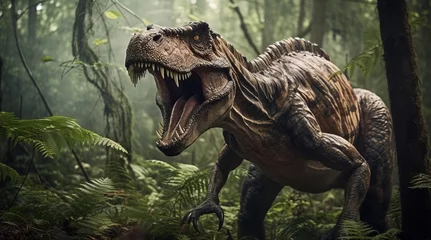 Zelfklevend Fotobehang Dinosaurus scary dinosaur standing in forest AI