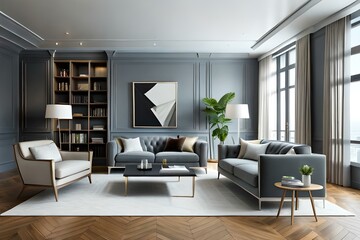 Gray living room interior with sofa, armchairs and bookcase