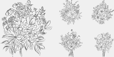 Minimalist black and white collection vintage, hand-drawn flowers in contemporary line art ink, creating a retro timeless bundle shapes doodle design elements. Exotic jungle leaves and plants