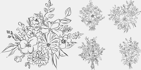 Minimalist black and white collection vintage, hand-drawn flowers in contemporary line art ink, creating a retro timeless bundle shapes doodle design elements. Exotic jungle leaves and plants