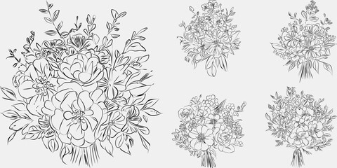 Minimalist black and white collection vintage, hand-drawn flowers in contemporary line art ink, creating a retro timeless bundle shapes doodle design elements. Exotic jungle leaves and plants