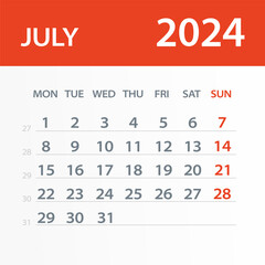 July 2024 Calendar Leaf - Vector Illustration. Week starts on Monday