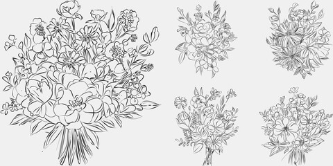 Minimalist black and white collection vintage, hand-drawn flowers in contemporary line art ink, creating a retro timeless bundle shapes doodle design elements. Exotic jungle leaves and plants