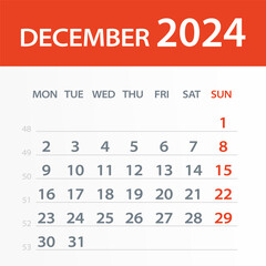 December 2024 Calendar Leaf - Vector Illustration. Week starts on Monday