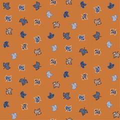 Autumn seamless pattern with grey, dark blue, orange leaves on orange background, vector digital illustration.