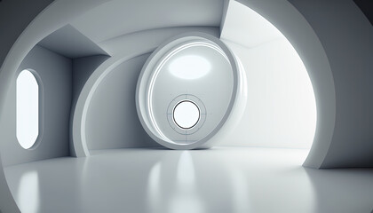 Futuristic white cosmic interior capsule hotel