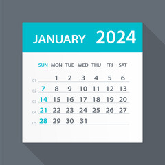 January 2024 Calendar Green Leaf - Vector Illustration