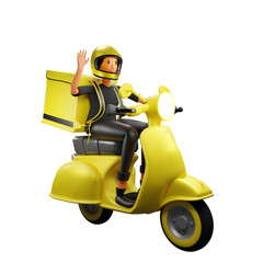 a 3d PNG of a delivery lady on a motorbike waving