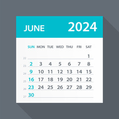 June 2024 Calendar Green Leaf - Vector Illustration