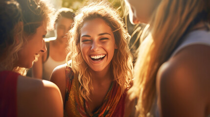 Happy young woman with friends laughing and having fun outdoors. Sunset. Generative AI