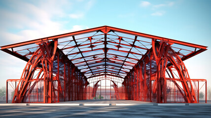 The urban abstract red steel structure of the office building. Generative ai