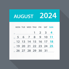 August 2024 Calendar Leaf - Vector Illustration. Week starts on Monday