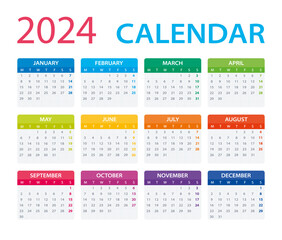 2024 Calendar - vector illustration,Monday to Sunday