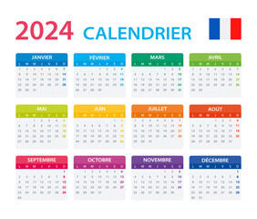 Vector template of color 2024 calendar - French version