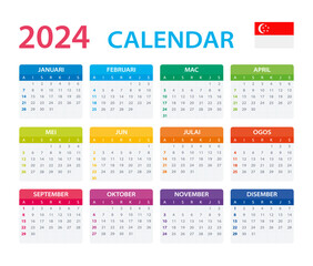 Vector template of color 2024 calendar - Singaporean version